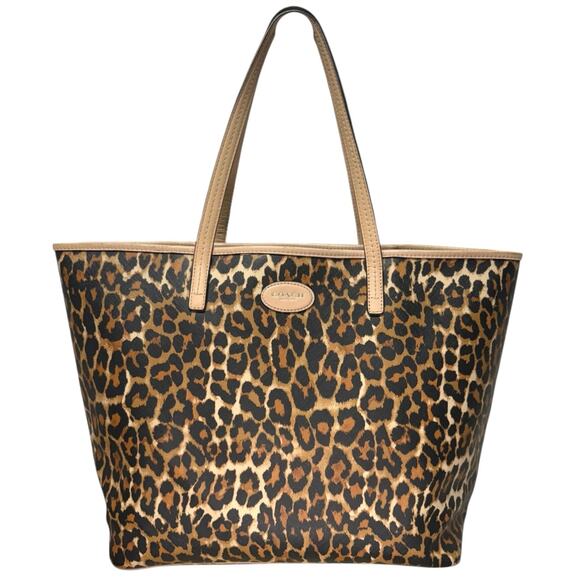 Coach Leopard Cheetah Animal Print City Tote Coated Canvas Leather Leather Trim - Picture 1 of 10
